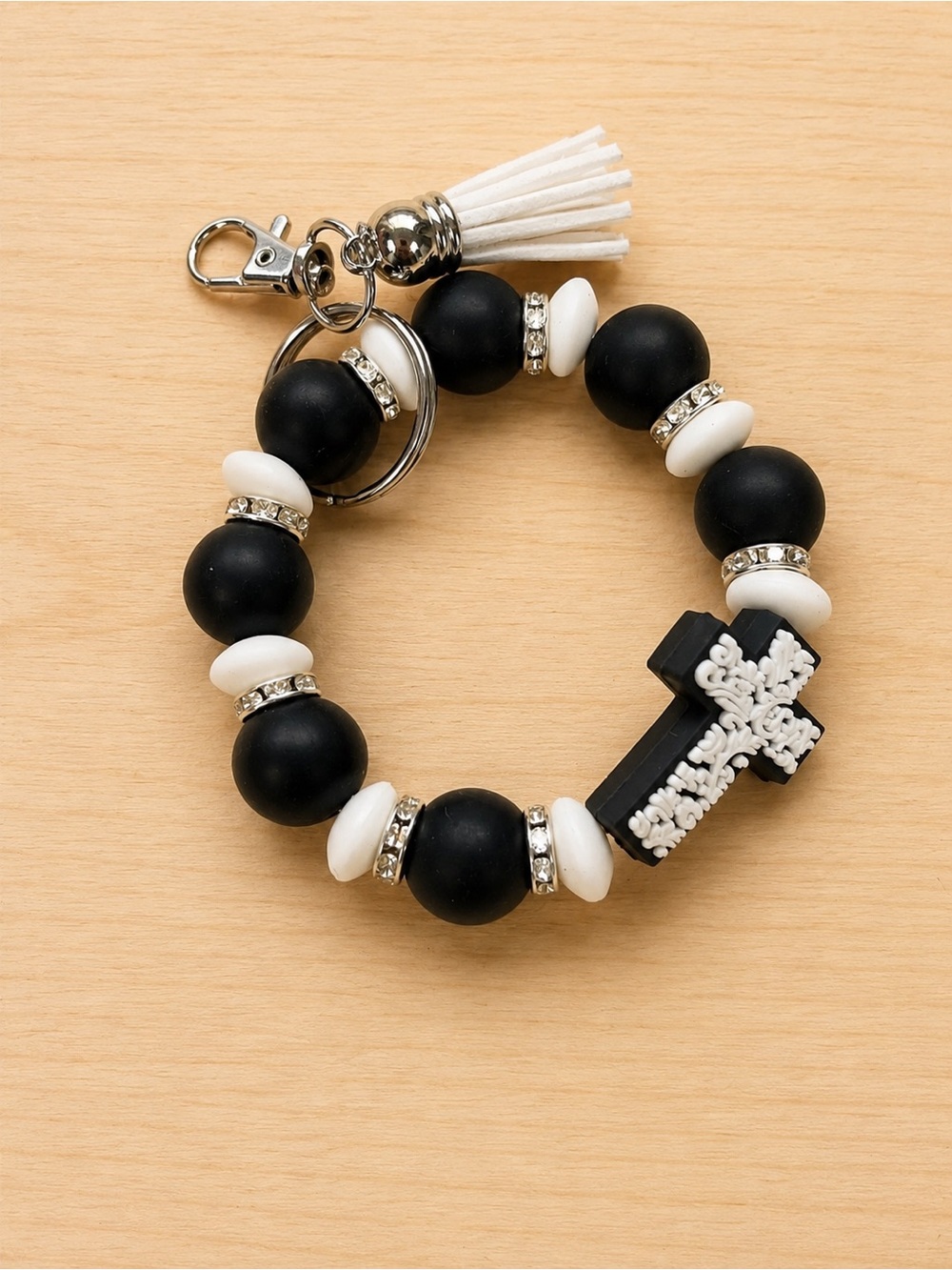 Black & White Beaded Cross Keychain Wristlet with Tassel